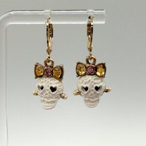 Betsey Johnson Sugar Lacy Girly Skull Pink Bow Rhinestone Earrings NOTE